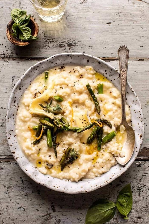 No stir Brie risotto with lemon butter asparagus