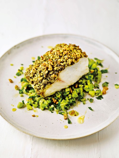 No-stress pesto cod with greeny beany mash