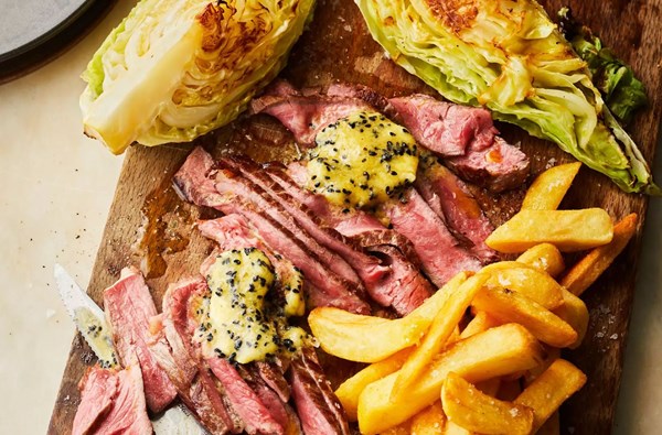 No.1 Wagyu sirloin steak with roasted pointed cabbage & flavoured butter