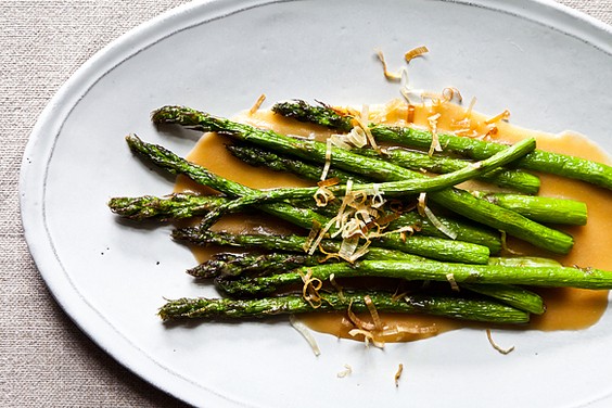 Nobu's fried asparagus with miso dressing