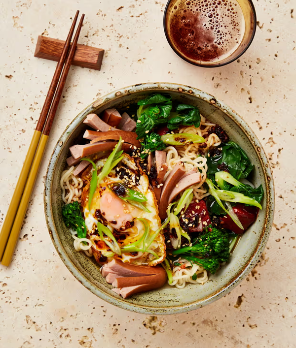 Noodle bowl with crispy chilli fried egg