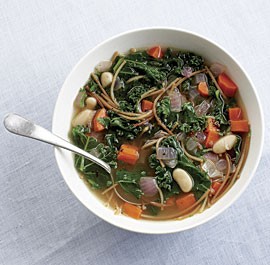 Noodle soup with kale and white beans