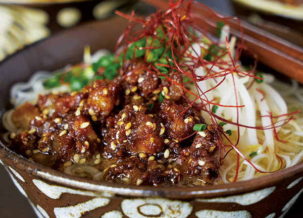 Noodles in dashi with miso-coated pork belly