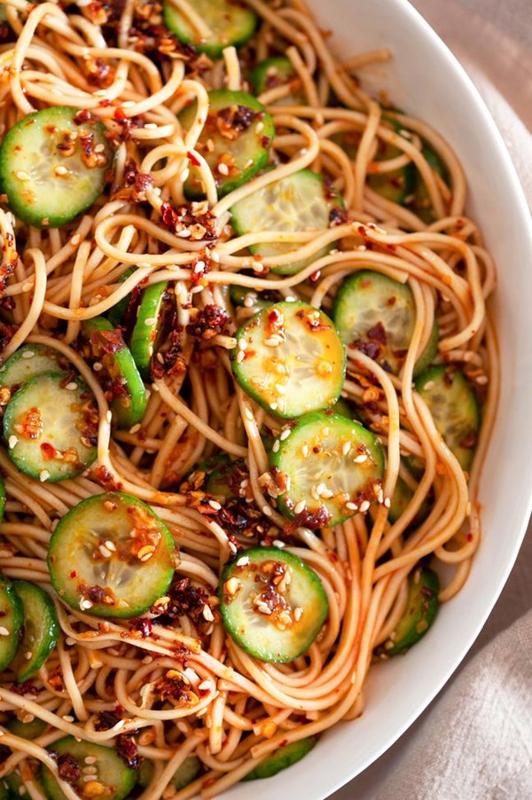 Noodles with cucumbers and a lot of chili crisp
