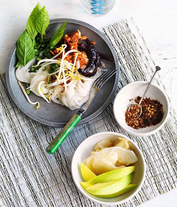 Noodles with curry paste and shredded chicken (Kanom jeen nahm yaa gai)