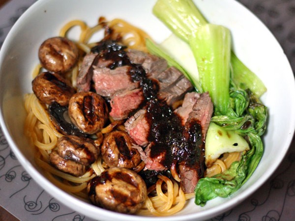 Noodles with flank steak, bok choy, and black bean sauce