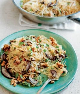 Noodles with pork, shiitakes, and green onions