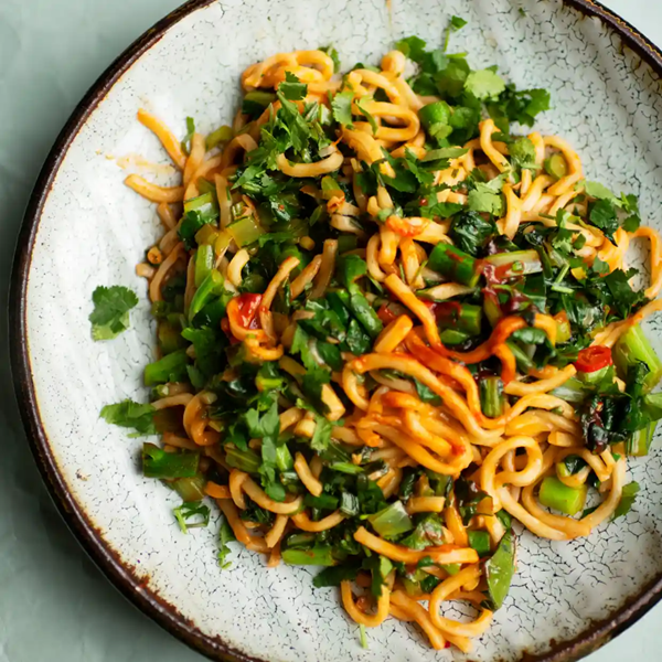 Noodles with spring greens and gochujang