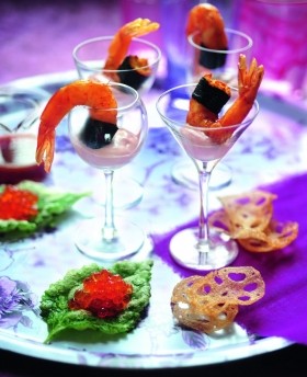 Nori prawns with prawn dashi syrup and umeboshi mayonnaise, lotus crisps, and shiso tempura with ikura