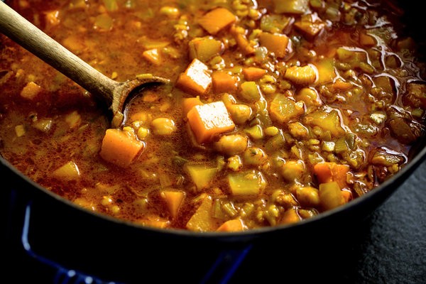 North African bean stew with barley and winter squash