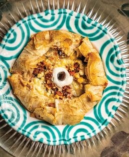 North African sausage pizza in phyllo