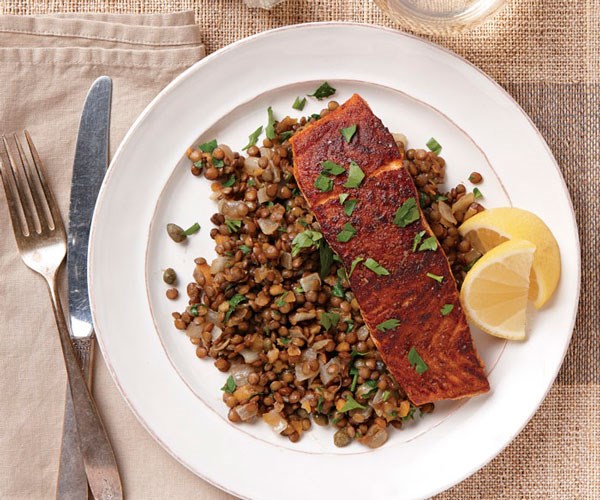 North African spiced salmon over French lentils