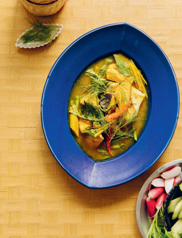 Northeastern curry of trout and leafy greens (Gaeng om Isaan)