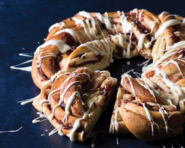 Norwegian julekake [cranberry filling, candied lemon peel, vanilla glaze]