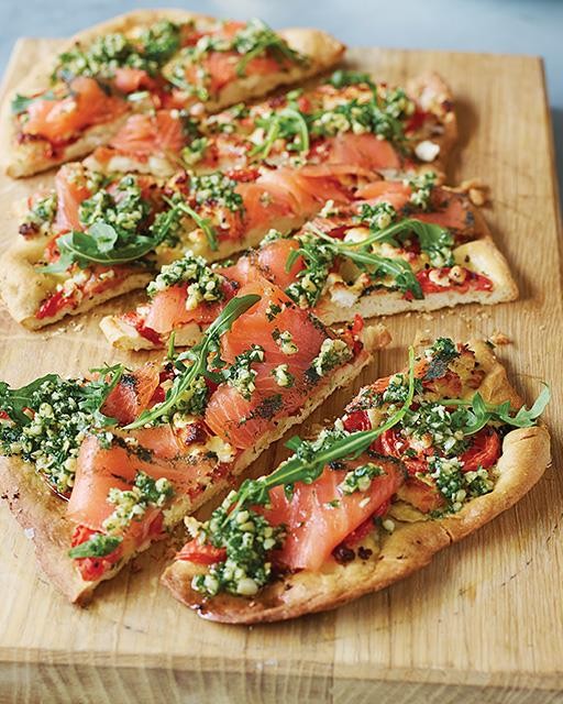 Norwegian pizza with smoked salmon, chèvre, & herb oil