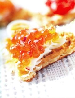 Norwegian potato waffle with caviars and soured cream