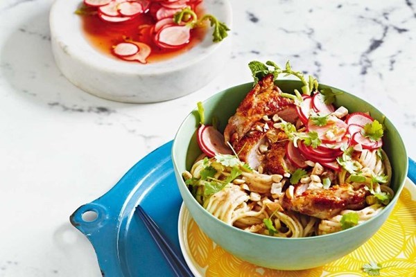 Nut butter satay noodles with crispy chicken