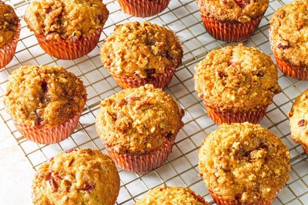 Nut-topped strawberry rhubarb muffins