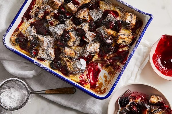Nutella bread pudding with blackberry coulis