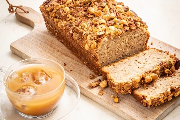 Nutty banana bread with iced Demerara shaken espresso