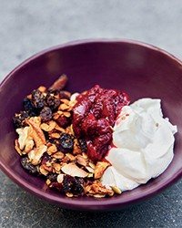 Nutty granola with strawberry compote and Greek yogurt