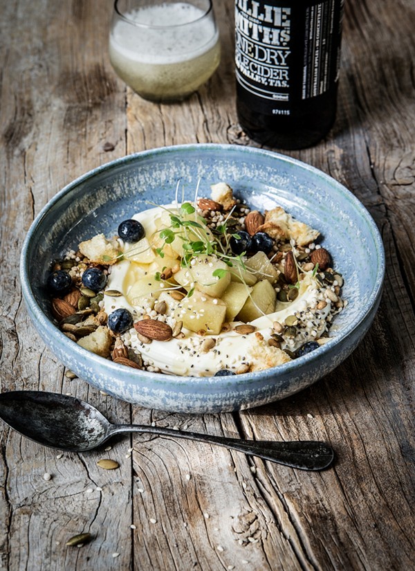 Nutty honey and cider poached apple with natural yoghurt, pine nuts and chia seeds