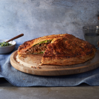 Nutty pithivier with watercress and pistachio pesto
