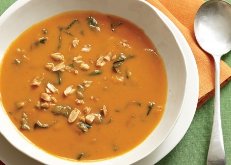 Nutty sweet potato soup with harissa and spinach