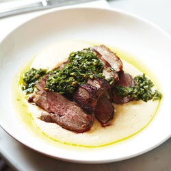 O Tama Carey's roasted lamb rumps with soft polenta and salsa verde