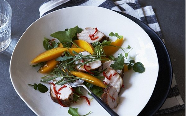 Oak-smoked chicken, mango and coriander salad with ginger dressing