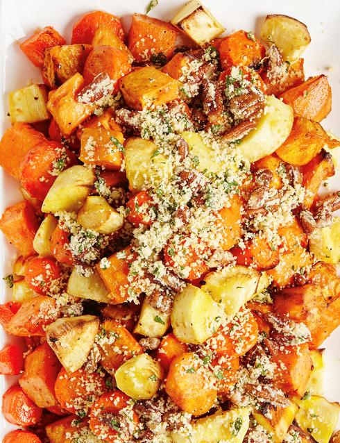 Oasted-ray egetables-vay with pecans and Parmesan