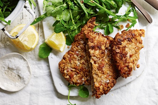 Oat & bacon schnitzel with green bean & pea shoot salad