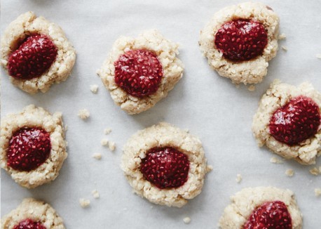 Oat and cashew thumbprint cookies with berry-chia jam