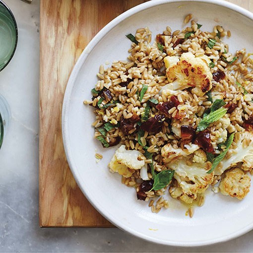 Oat berry salad with cauliflower, dates, and mint