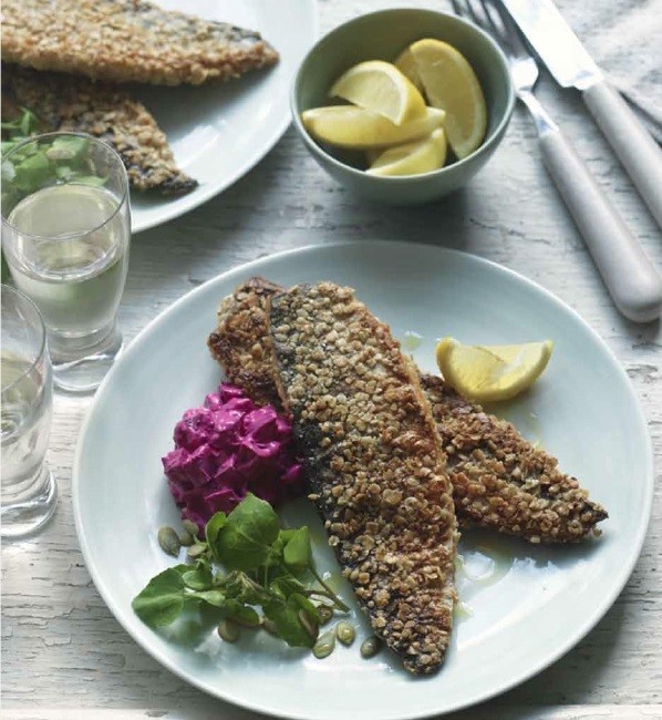 Oat-coated mackerel with beetroot relish and watercress salad