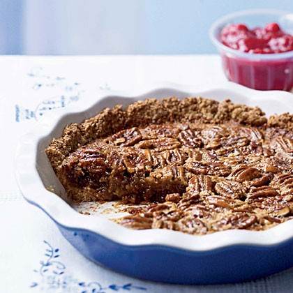 Oat-crusted pecan pie with fresh cranberry sauce