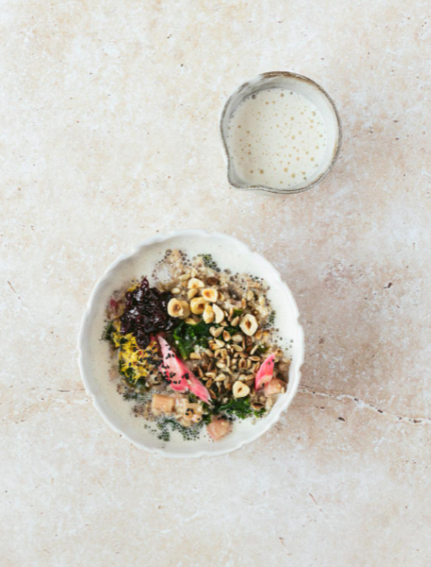 Oat porridge with rhubarb, kale, and cardamom