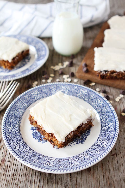 Oatmeal chocolate chip cake with cream cheese frosting