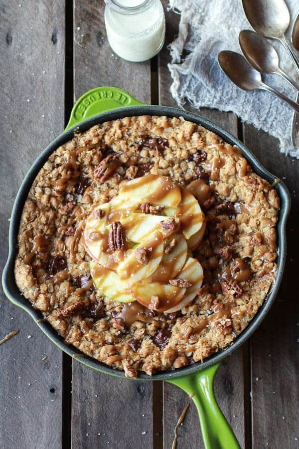 Oatmeal chocolate chunk salted coffee caramel apple skillet cookie