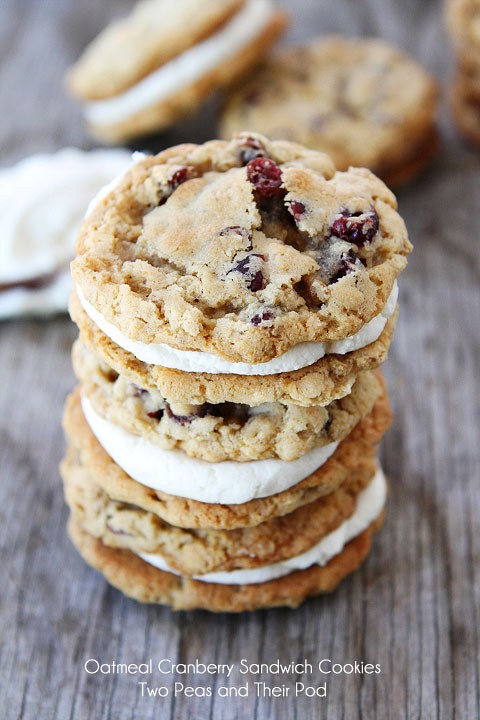 Oatmeal cranberry sandwich cookies with white chocolate creme filling