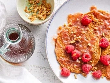 Oatmeal-lemon pancakes with raspberry-date syrup