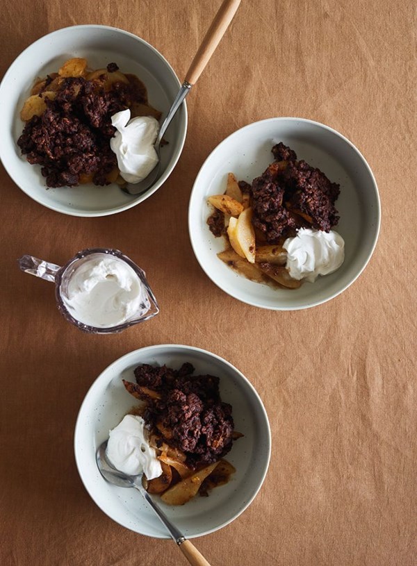 Oaty pear and chocolate cobbler