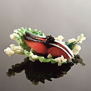 Oba leaf, sashimi mackerel, pancetta and yuzu kosho cream
