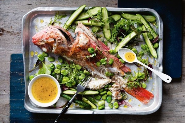 Ocean perch with broad bean & cucumber salad