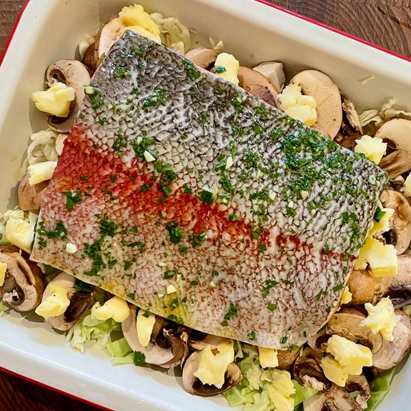 Ocean trout baked with mushrooms & Savoy cabbage (Trota al forno con funghi e verza)
