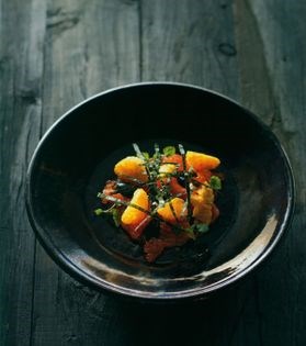 Ocean trout crudo with cuttlefish ink mayonnaise & crisp mandarin