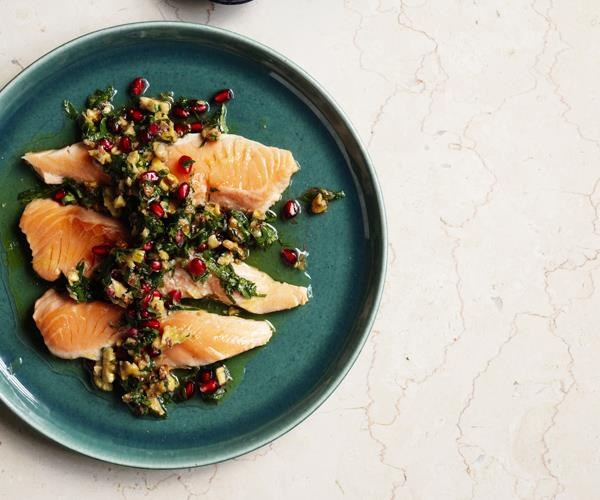 Ocean trout escalopes with walnut-pomegranate salsa