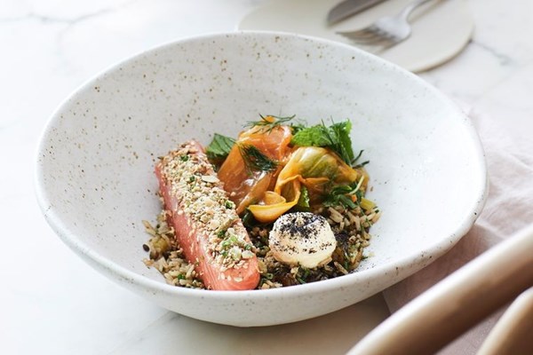 Ocean trout, lentil mejadra and persimon salad [Roy Ner]