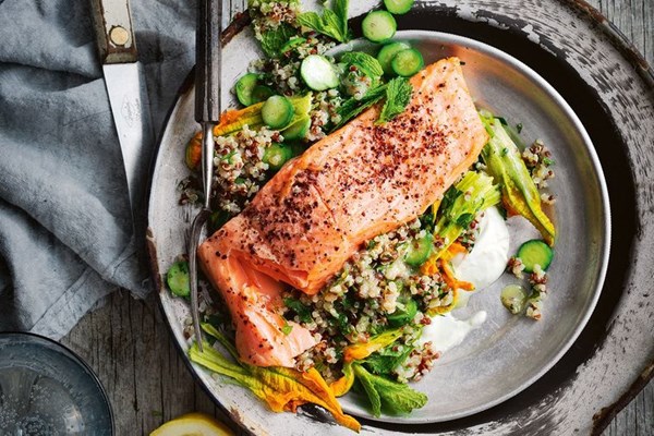Ocean trout, quinoa & zucchini salad with tahini yoghurt