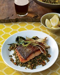 Ocean trout with curried lentils and spring onions